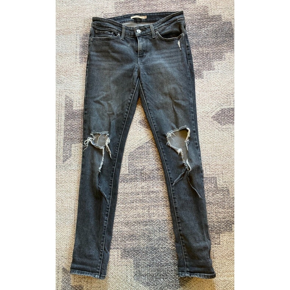 Levis Jeans Womens 27 Black 711 Skinny Dark Wash Mid‎ Rise Ripped Stretch Denim